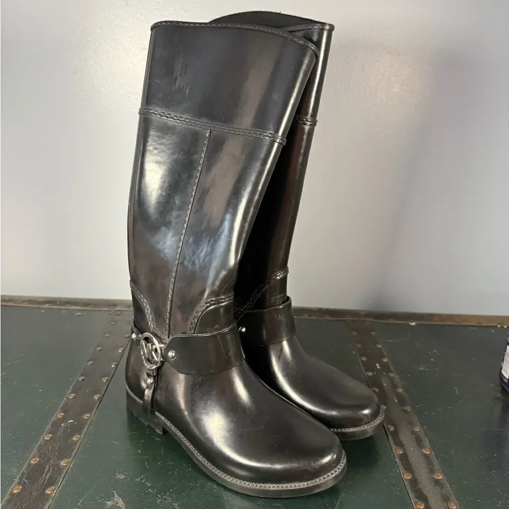 Michael Kors FULTON HARNESS RAINBOOT Knee High Rubber Black Women Size 6